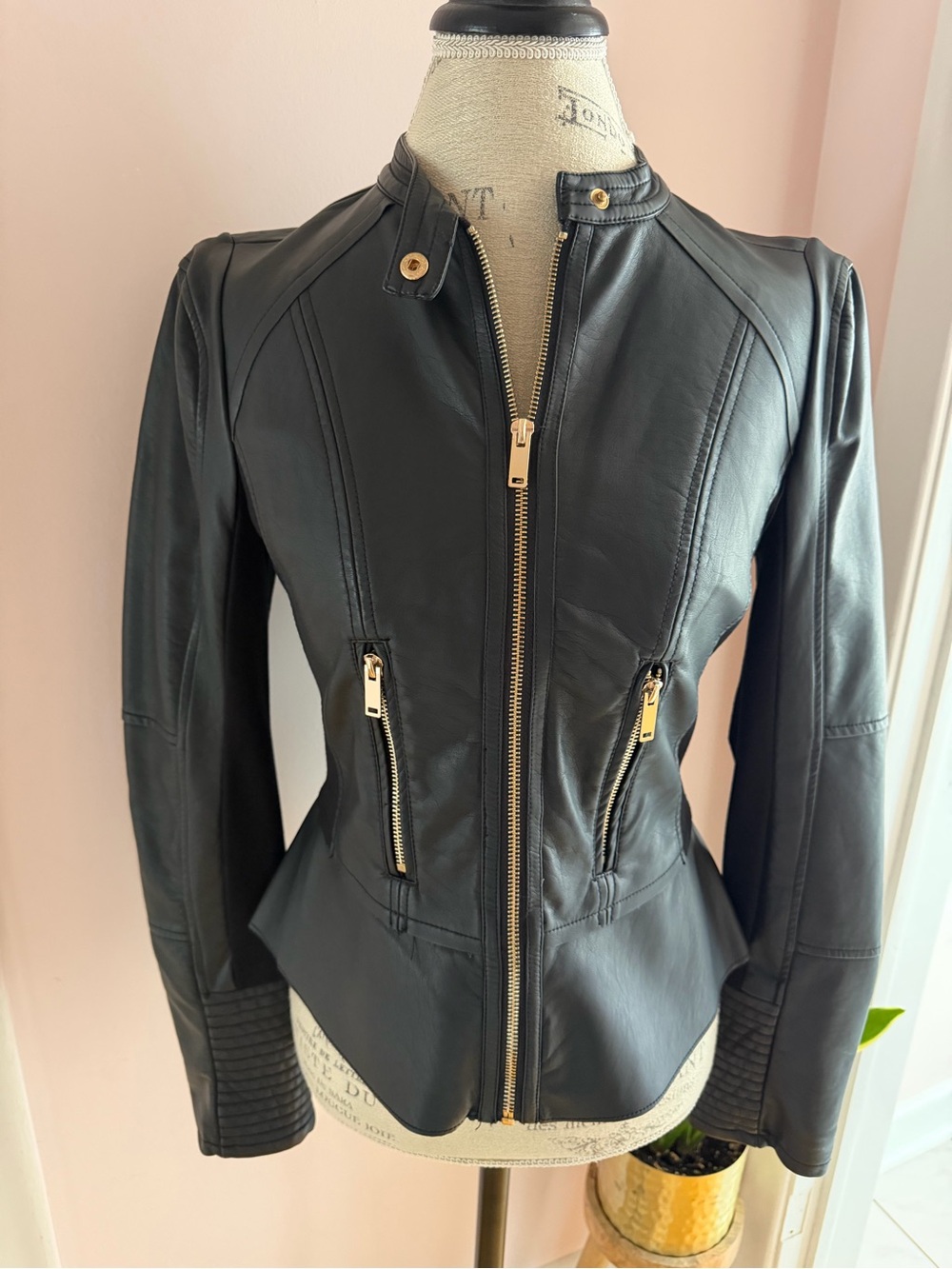 Leather Moto Jacket with Stand Collar